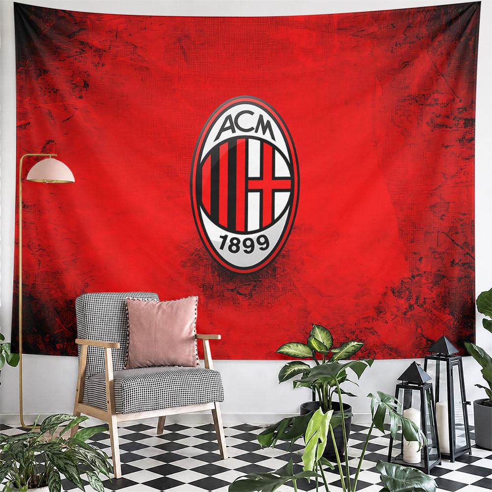 Bright red textured background with an oval logo featuring black and red. Patterned tapestry for bedroom and living room home decor