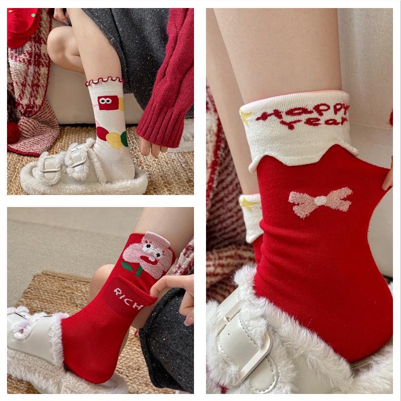 Women's Christmas Red Cartoon Mid-Calf Socks for Autumn and Winter