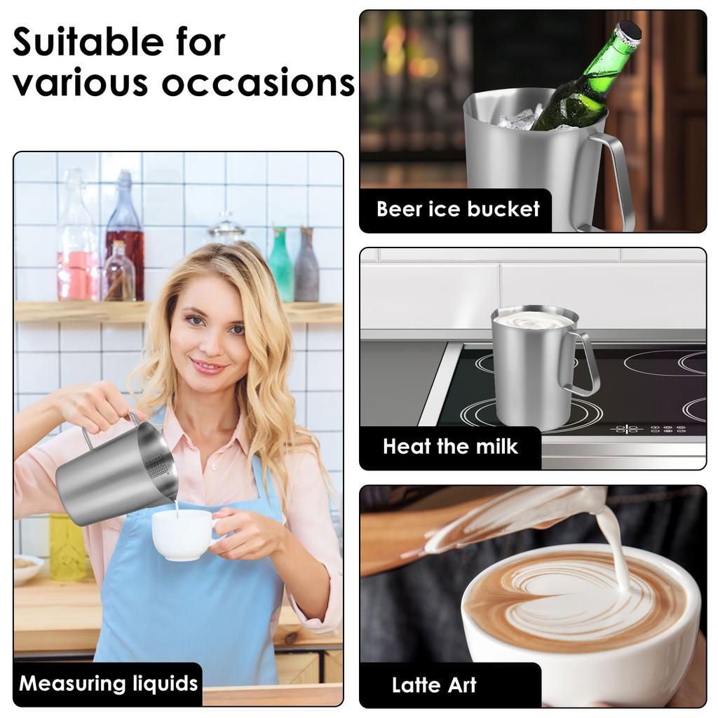 Stainless Steel Milk Frother Jug Coffee Milk Frothing Jug Latte Pitcher Metal Graduated Beaker With Marking Espresso Barista Too
