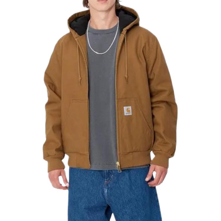 Carhartt WIP Logo Hooded Zip Long Sleeve Jacket Men Jackets Brown I023083-HZ-01