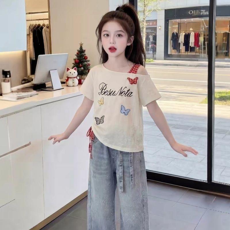 Girls Summer Butterfly Print Off Shoulder Short Sleeve Top Sweet Cool Fitted T Shirt