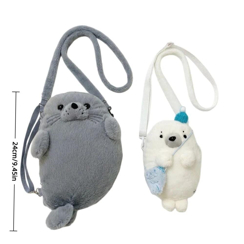 Fashion Soft Fluffy Cute Seal Shoulder Bag Cartoon Adjustable Straps Phone Bag Lightweight Fabric Handbag Women's Accessories