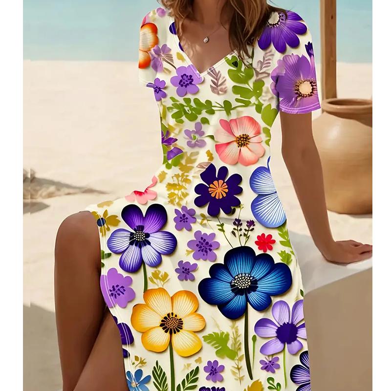 Summer Fashion Women's V Neck Short Sleeve Flower Printed  Dress Sex Short Skirt Dresses