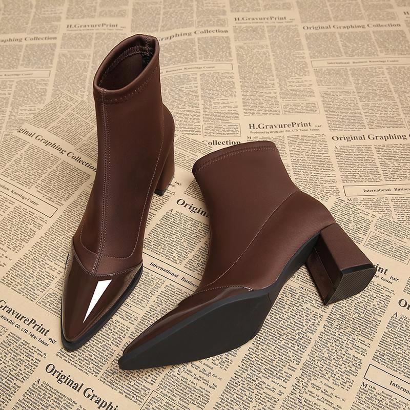 

Модные осенне-зимние женские ботильоны с острым носком, на молнии, с квадратным каблуком, короткие 35 коричневый