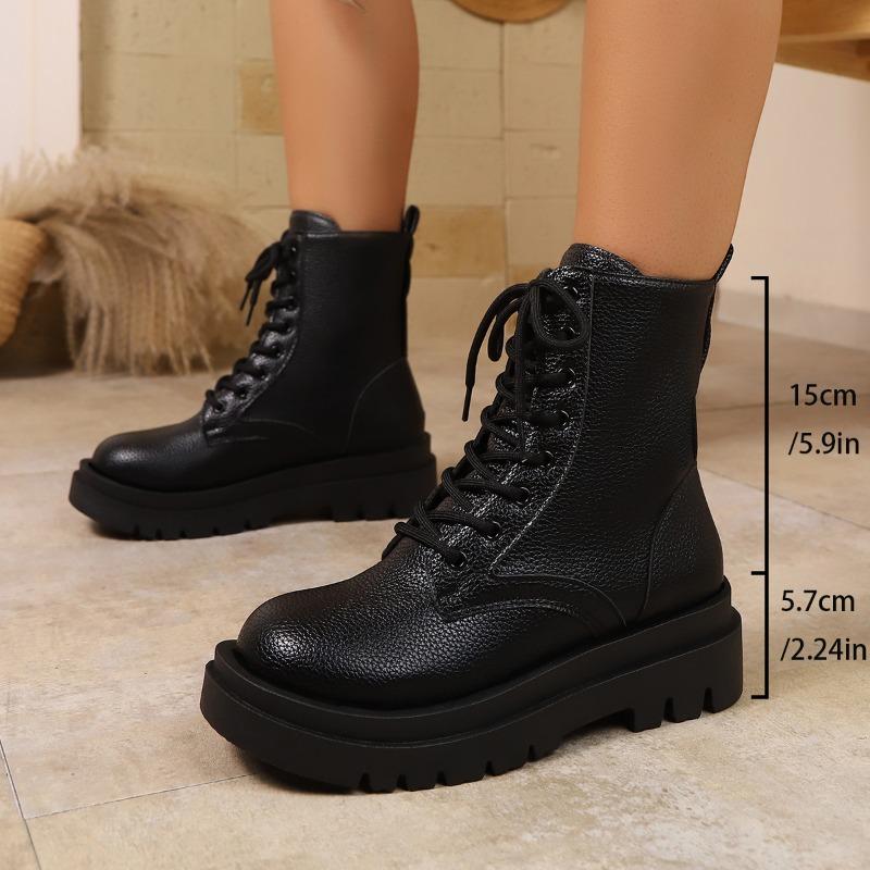 Large size autumn and winter new leather Martin boots women's round head platform women's lace-up fashion boots