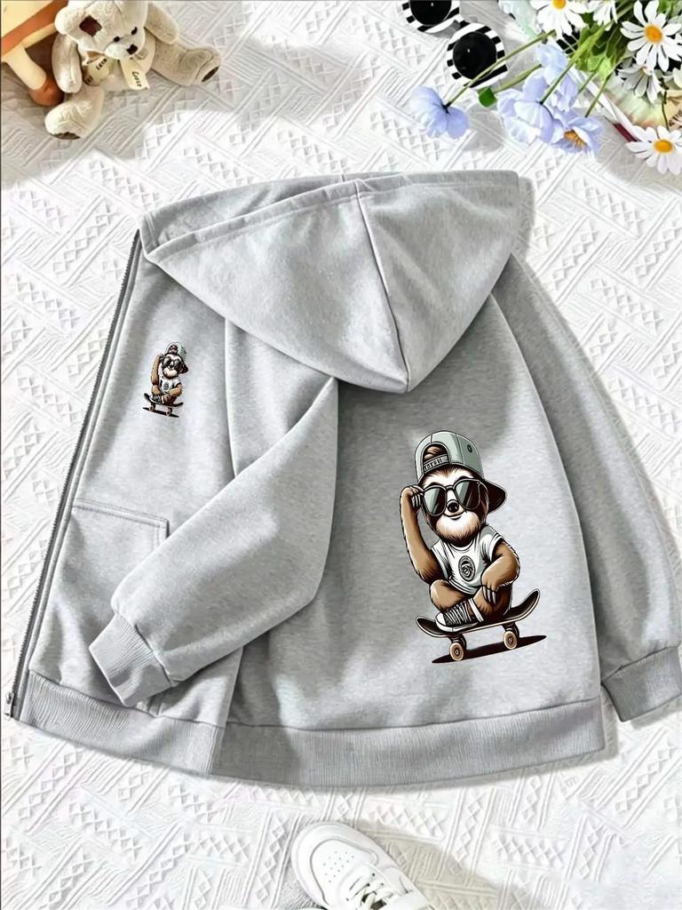 Giacca con Cappuccio e Zip per Bambini Cool Bradipo Skateboarder Con Cappellino Occhiali da Sole Grafica Manica Lunga Felpa Casual Capo d'Abbigliamento Esterno Per Bambini e Bambine