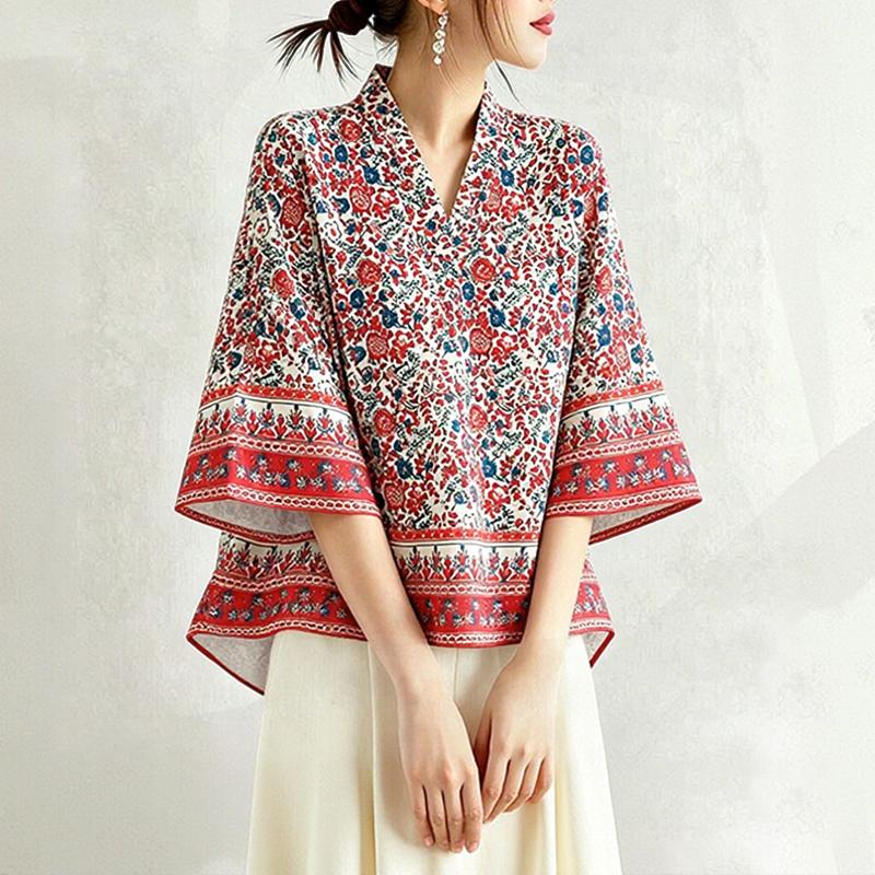ZANZEA Women Casual V-Neck Loose 3/4 Sleeve Ethnic Print Blouse S