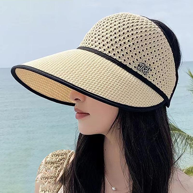 Summer Straw Empty Top Sun Hat For Women Wide Large Brim Visors Hat Travel Sun Hat Women'S Hat Beach Uv Protection Caps