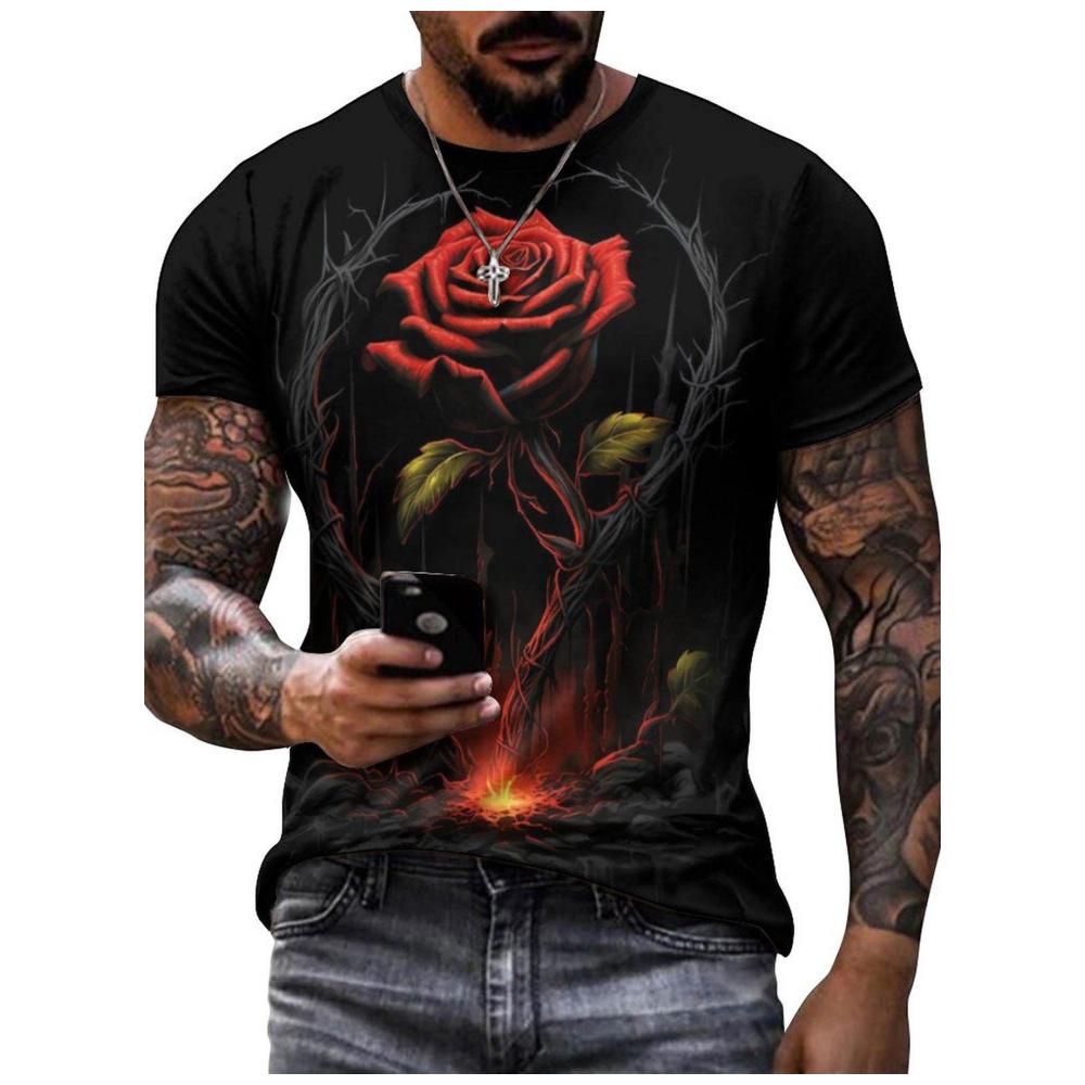 ETST WENDY 05 Vintage T-shirt voor Heren Rode Roos Bloem 3D Print Casual T-shirts Korte Mouw T-shirts Oversized Heren T-shirts Kleding Tops Zomer 6XL