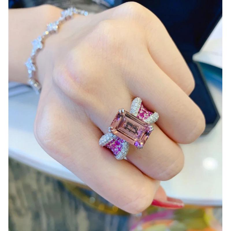 Song Yanfei Xue Li Pink Diamond Ring: Women s Adjustable Open Ring with Inlaid Pink Gemstone Adjustable Open