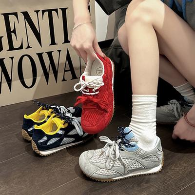 Retro Fashion Casual Contrasting Casual Shoes Women's 2025 Summer Thin Mesh Breathable German Training Shoes Lace-up Single Shoes