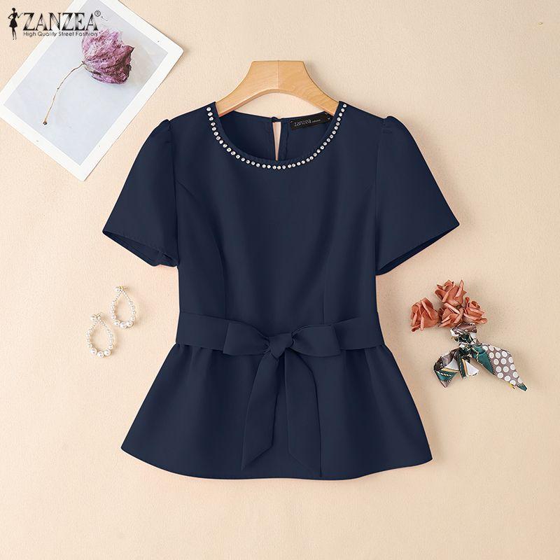 

ZANZEA Women Casual O-neck Solid Color Short Sleeve Bow Belt Blouse 4XL темно-синий