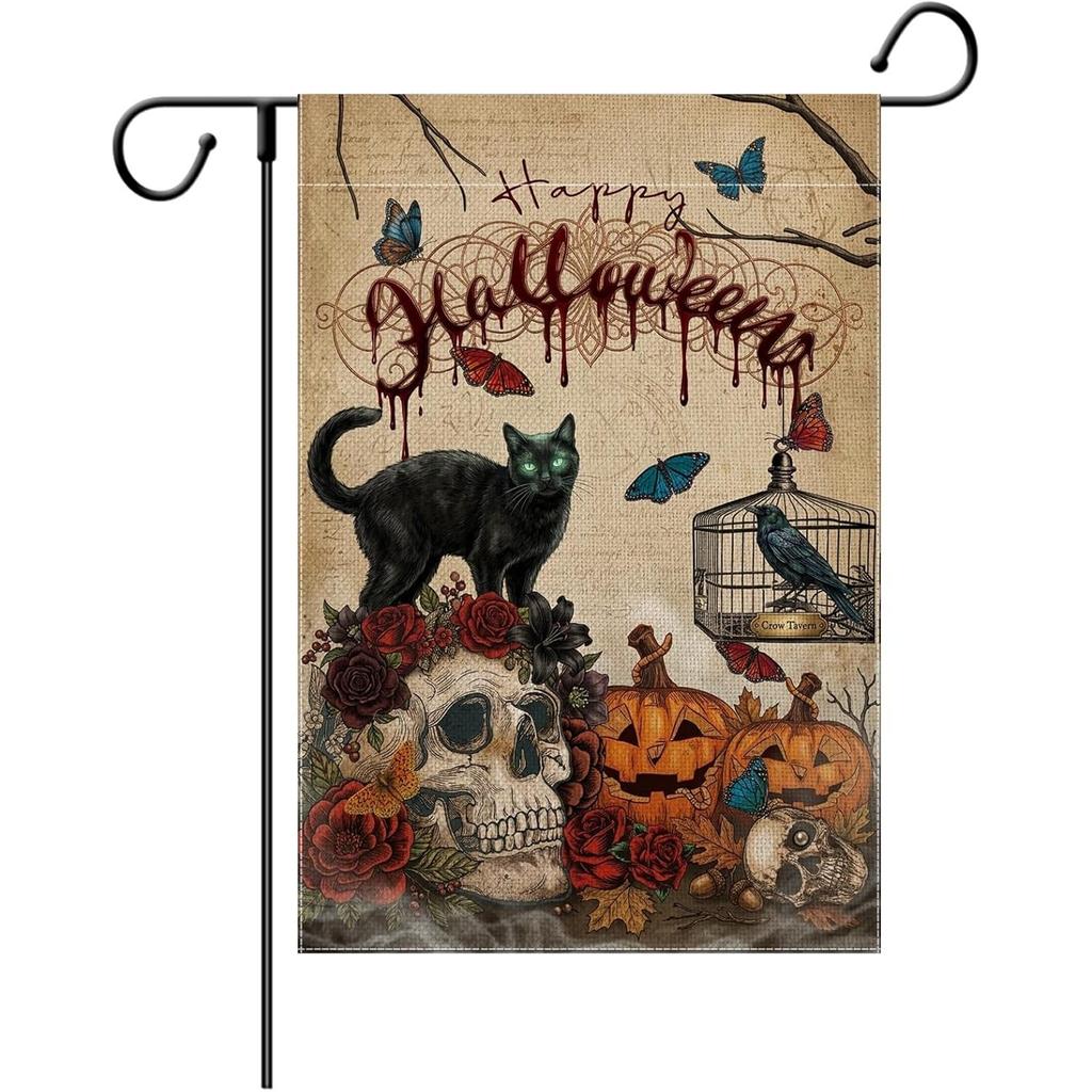 Halloween Cat Raven Skull Garden Flag Double Sided Gothic Red Roses Butterflies Spiders for Porch Lawn Patio, Double-Sided