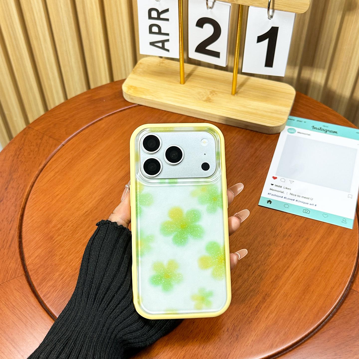 

Креативный съемный задний чехол для телефона Apple 17PRO с рисунком зеленого яблока и цветов для модели 15PROMAX. iPhone 17