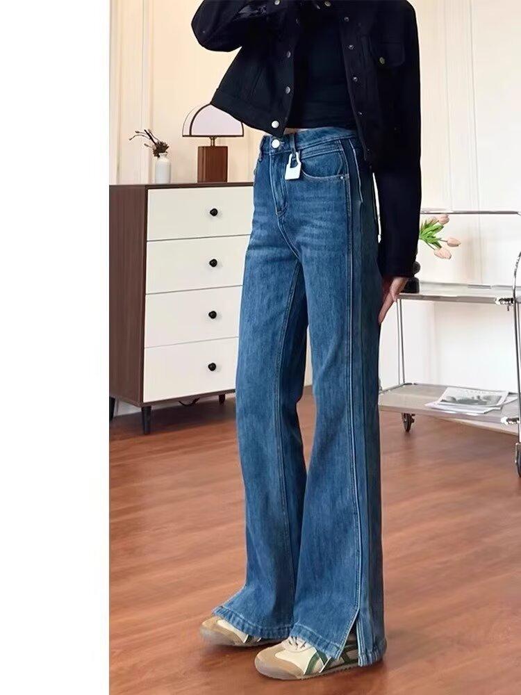 

Джинсы с разрезами по бокам Женские Слегка расклешенные Эластичные Зауженные Универсальные Большого размера Расклешенные Джинсы для Женщин с Фигурой XS темно-синий