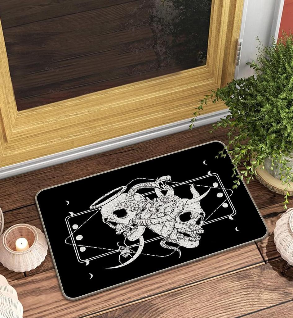 Halloween Scary Skeleton Gesture Print Welcome Carpet Mat Rug Skull Rose Border Non-Slip Indoor Outdoor Home Decoration