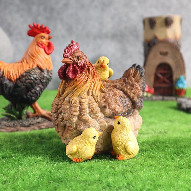 Rustic Farmhouse Rooster Hen With Three Chicks Garden Decor Resin Figurine Outdoor Yard Ornament