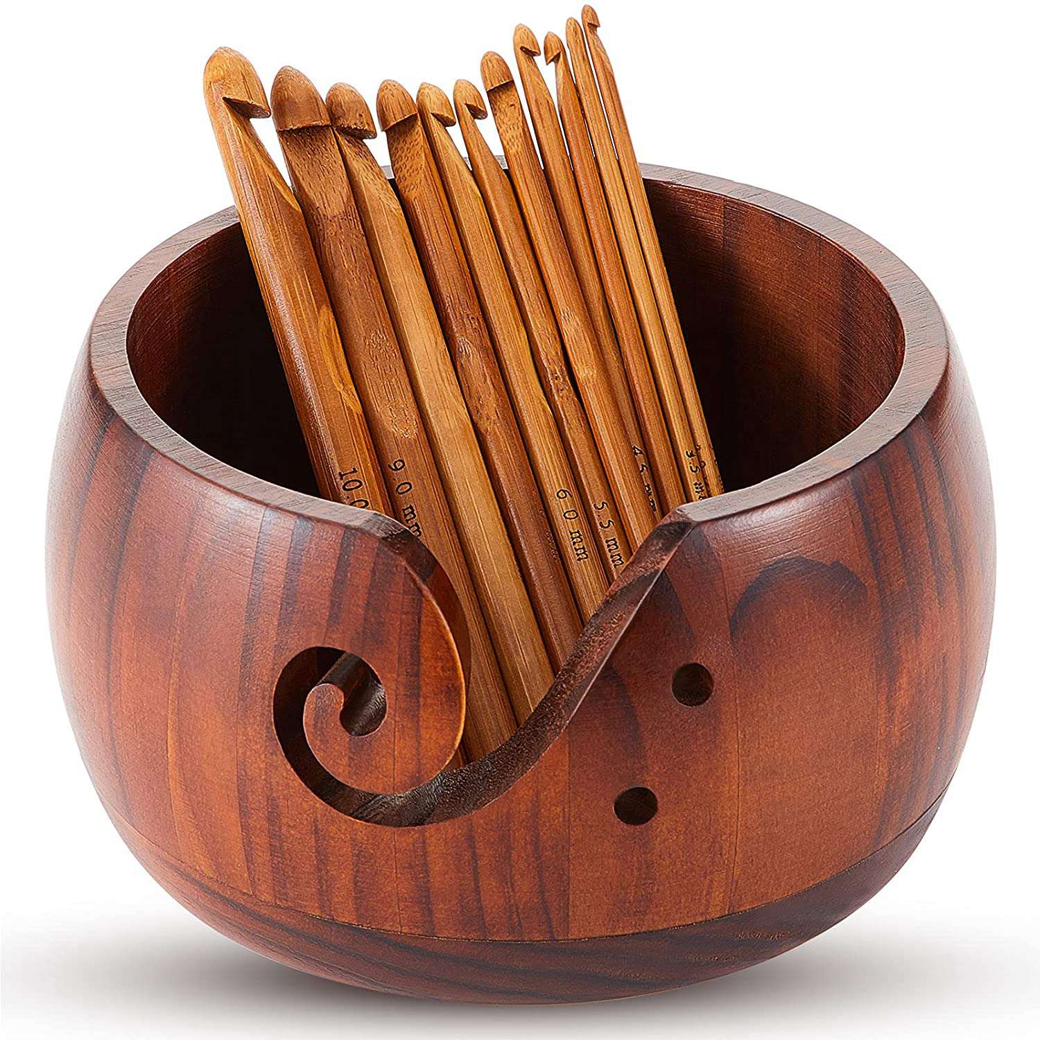 Wooden Yarn Bowl,Wood Yarn Storage Bowl With 12Pcs Bamboo Crochet Hooks For Crocheting Knitting DIY Crafts Tools