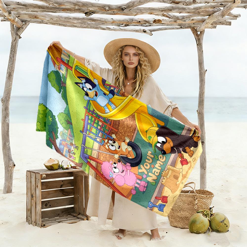Bluey Customize Text Beach Towel Super Soft Microfiber Quickdry Fabric