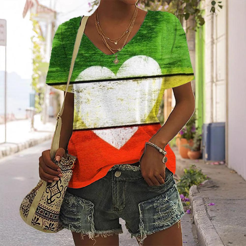 Letní top s výstřihem do V a 3D květinovým potiskem, módní ležérní dámská trička s krátkým rukávem