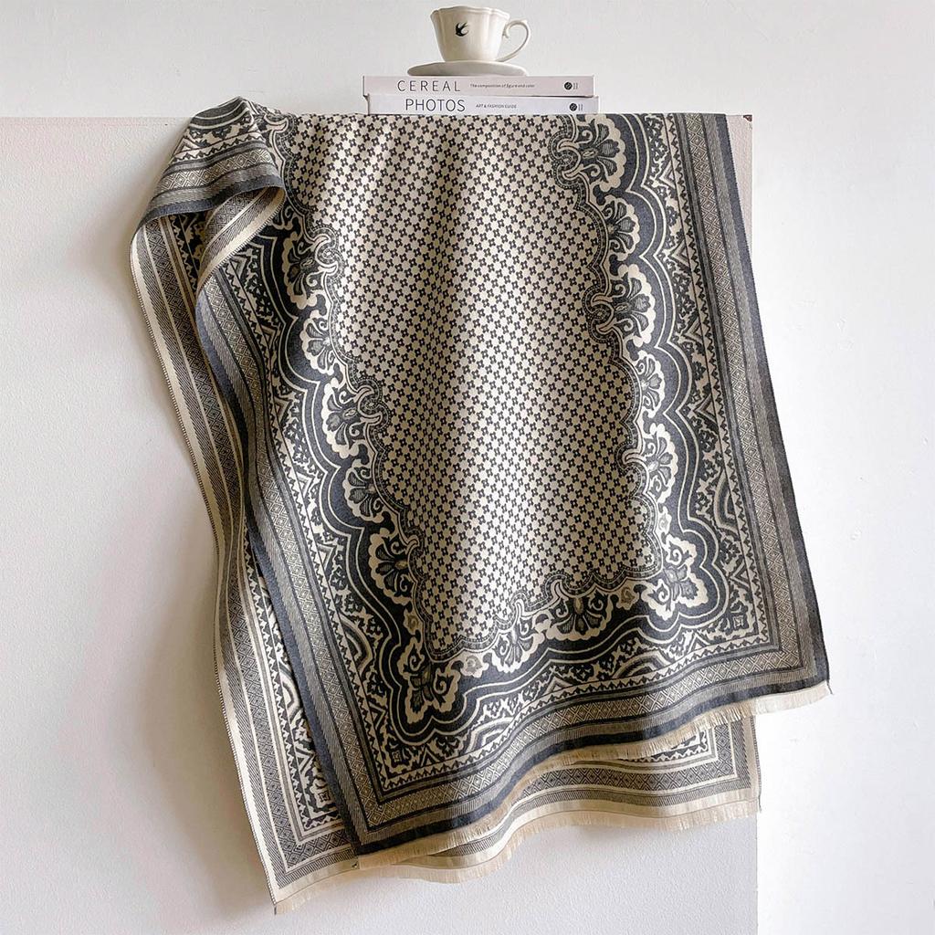 Winter Warm Reversible Faux Cashmere Blanket Scarf Ladies Retro Luxe Baroque Paisley Ornate Medallion Large Coat Shawl Wrap