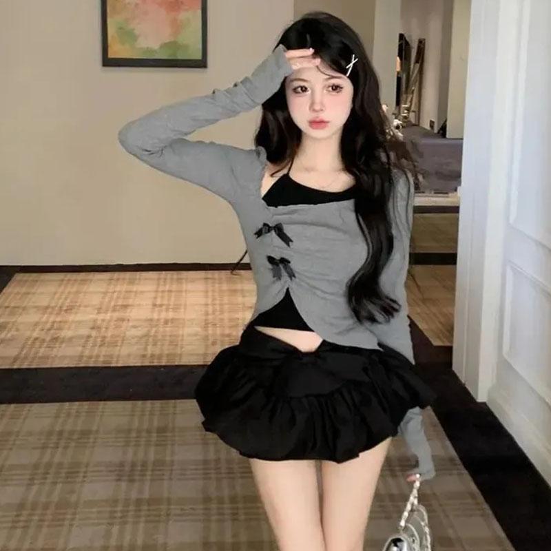 Pure Desire Irregular Grey Long Sleeve Top Tank Strap Design Women's Short Two-piece Set Slim American Spicy Girl Korean Fashion
