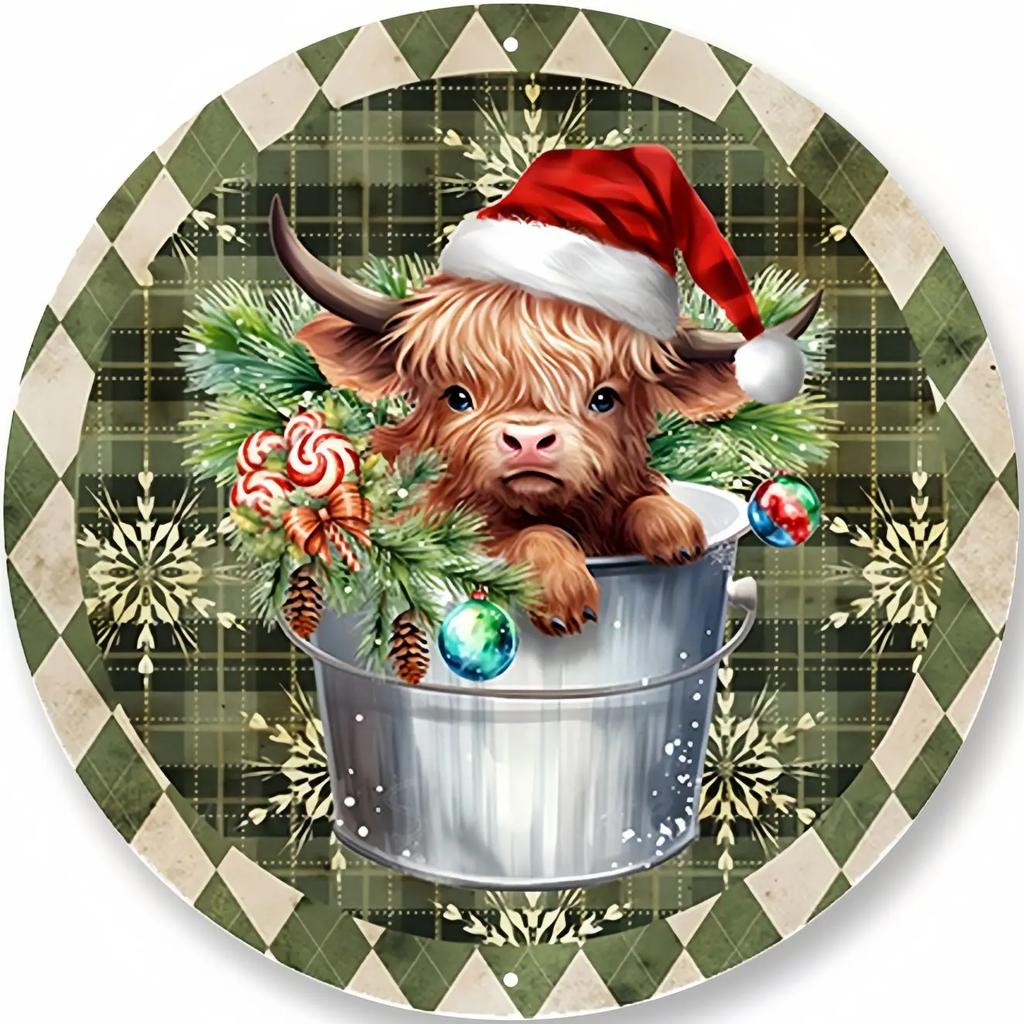 Round Metal Tin Sign Art Painting Wreath Decorative Plates Cartoon Snowman Christmas Poster for Home Garden Garage Wall Decor