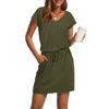 Women's Summer V-neck T-shirt Casual Short Sleeve Drawstring With Pocket Solid Color Dresses