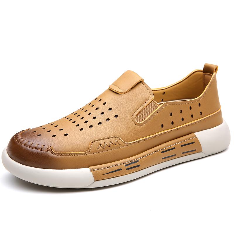 Summer New Designer Hollow Breathable Leather Brown Yellowish-Brown Casual Shoes For Men Sandal Loafter Business Dress Footwear