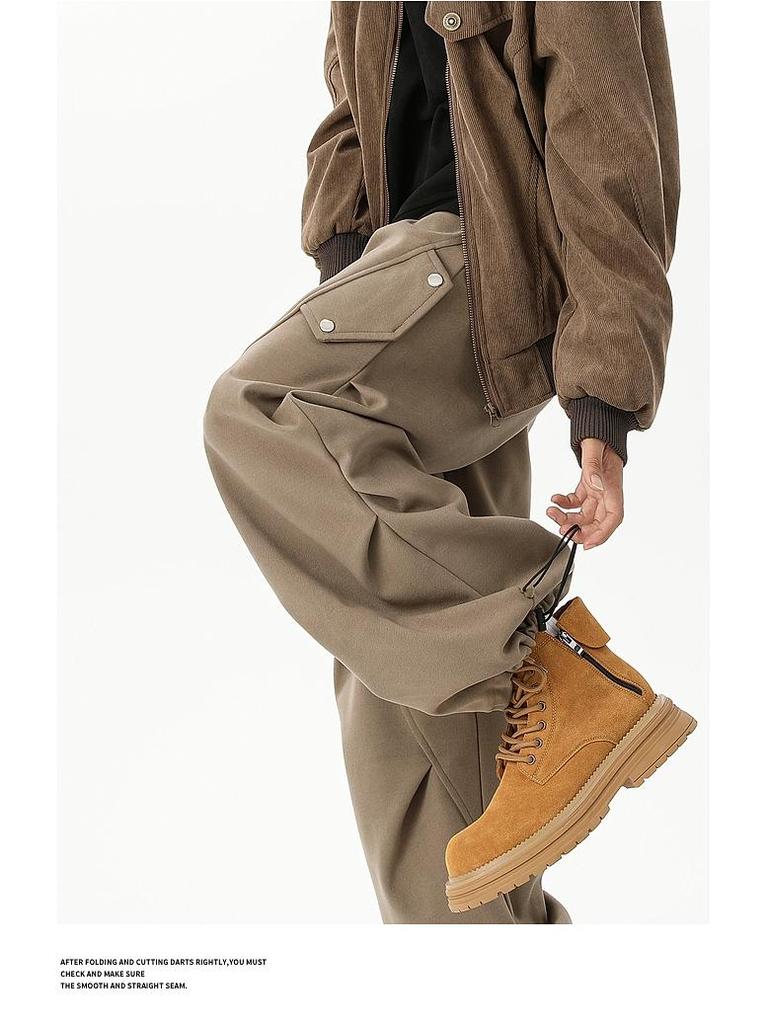 Men's Trendy Spring/Autumn Pleated Wide-Leg Overalls - Stylish, Handsome, and Casual Straight-Leg Trousers.