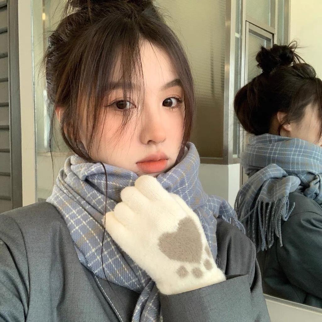 Gloves for Women In Winter, Thickened and Warm, Touch-screen Knitted, Cute, Plush, Wool, Cycling, Cold-proof, Split-fingered Students, Winter
