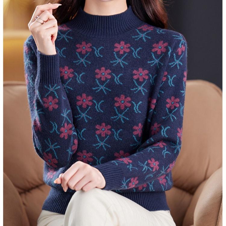 Jacquard Sweater Loose Half Turtleneck Knitted Sweater for Women In Autumn and Winter Fashionable and Casual Pullover