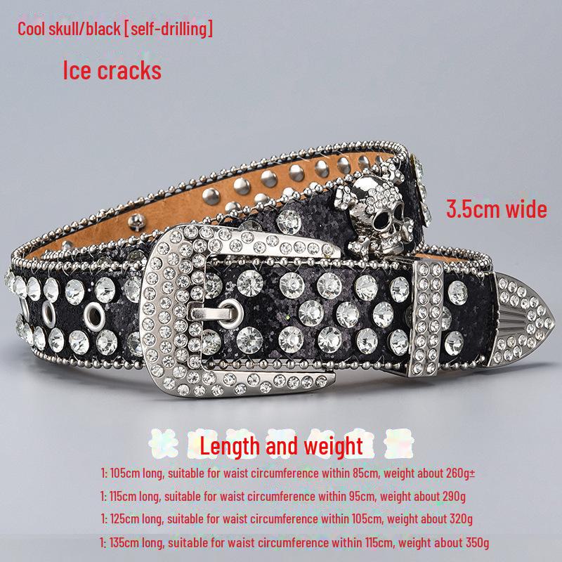 Curea de lux cu cataramă cu strasuri și craniu închis la culoare, cu paiete și diamante