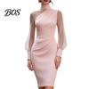 Everyday Casual Dress Women's Mesh Sheer Long Sleeve Mini Dress, Ruched Bodycon Mock Office Wear Women Neck Party Cocktail Formal Wedding Guest
