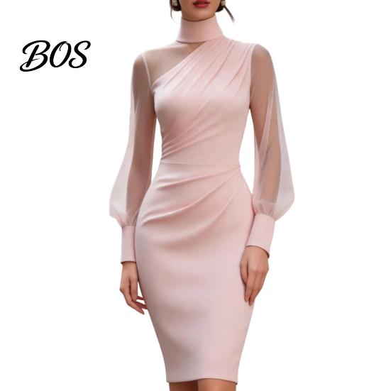 Everyday Casual Dress Women's Mesh Sheer Long Sleeve Mini Dress, Ruched Bodycon Mock Office Wear Women Neck Party Cocktail Formal Wedding Guest