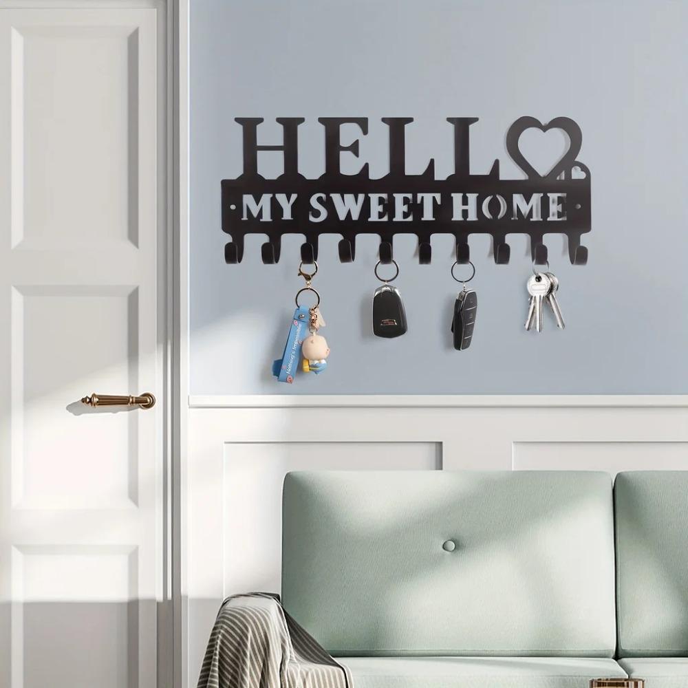 Настенный держатель для ключей - Черный металл с рядом крючков для декоративной стены — фото 4