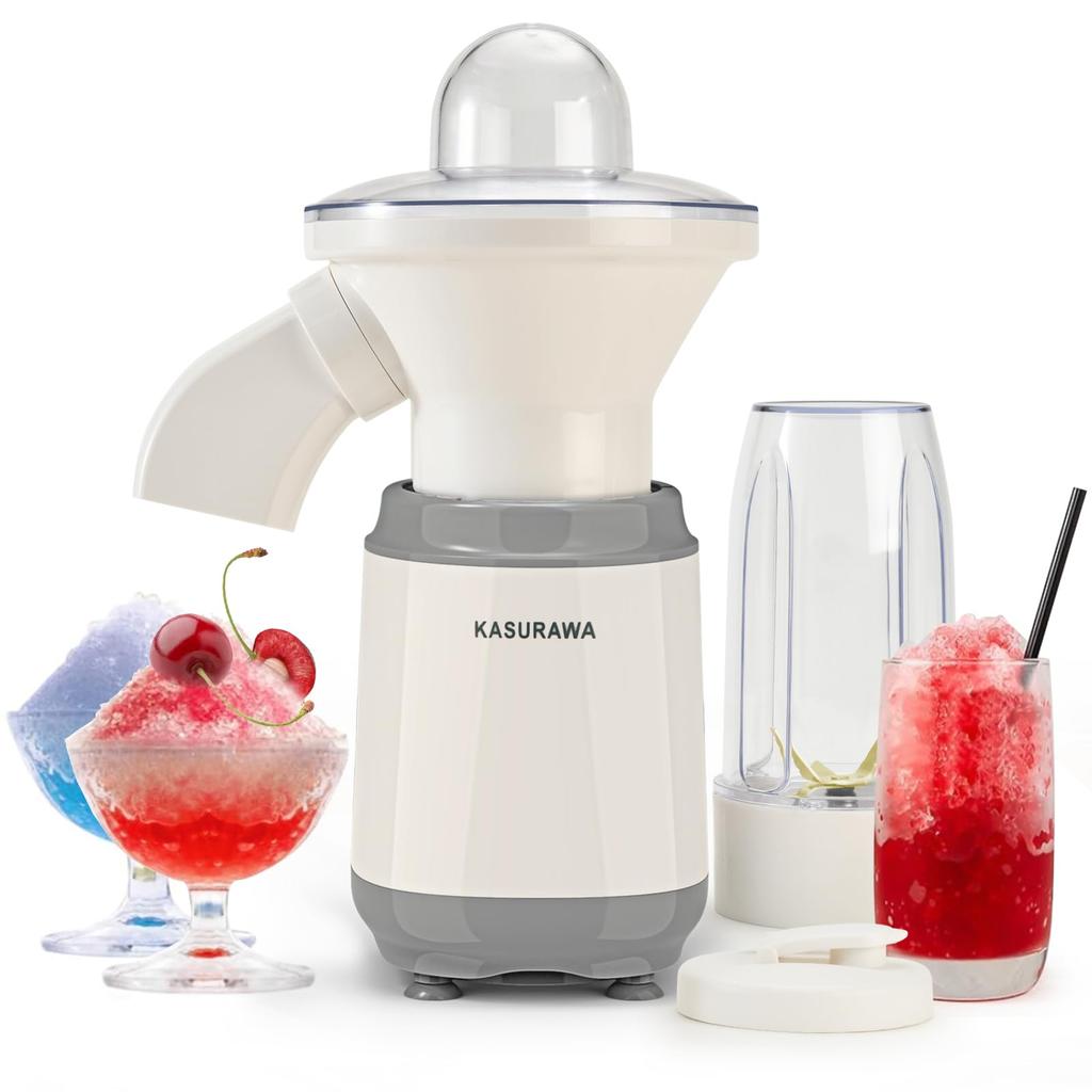Kasurawa Electric Shaved Ice Maker - Shaves loose ice, store-bought ice, and frozen fruit directly. Includes a smoothie mixer bowl for smoothie making