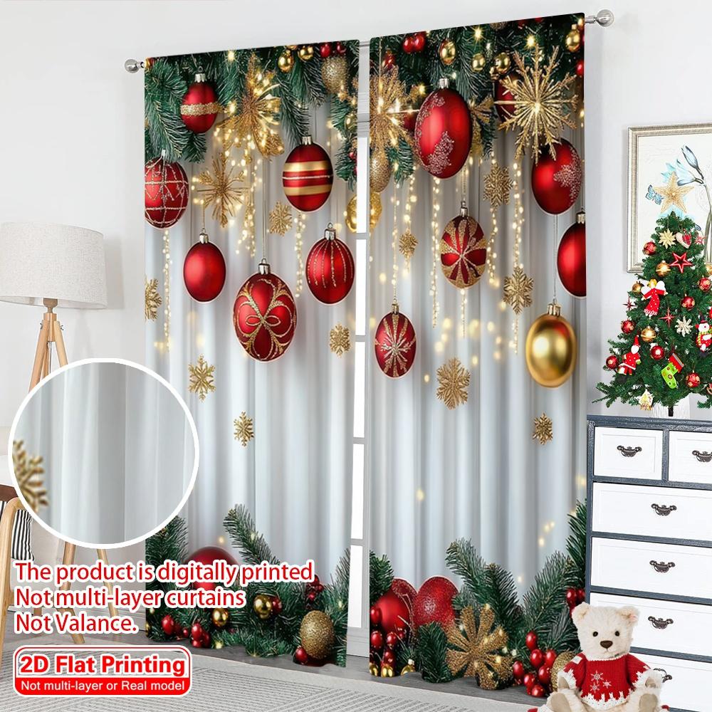 2D flat printing 2pcs Merry Christmas Scene Curtains Red and Gold Ball Pine Branch Snowflake Machine Washable Polyester Without