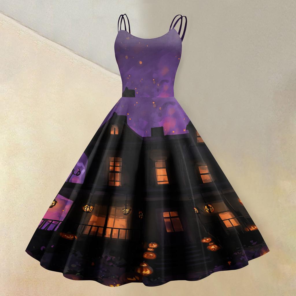 Women's Sleeveless Halloween Print Dress Vintage Style Round Neck Casual Fit and Flare Midi Dress with Spaghetti Straps and Festive Pattern