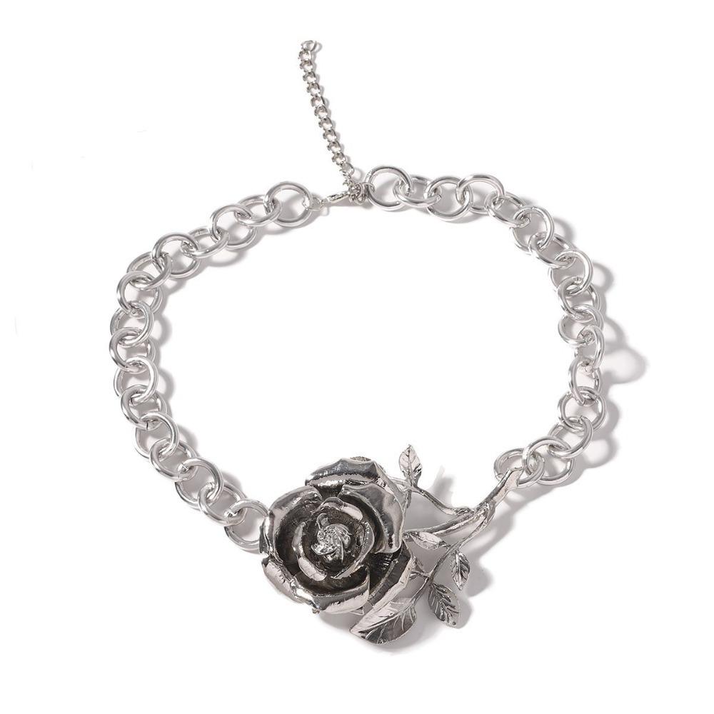 Luxury Metal Rose Necklace Coarse Neck Chain Exaggerated Flower Necklace  Women