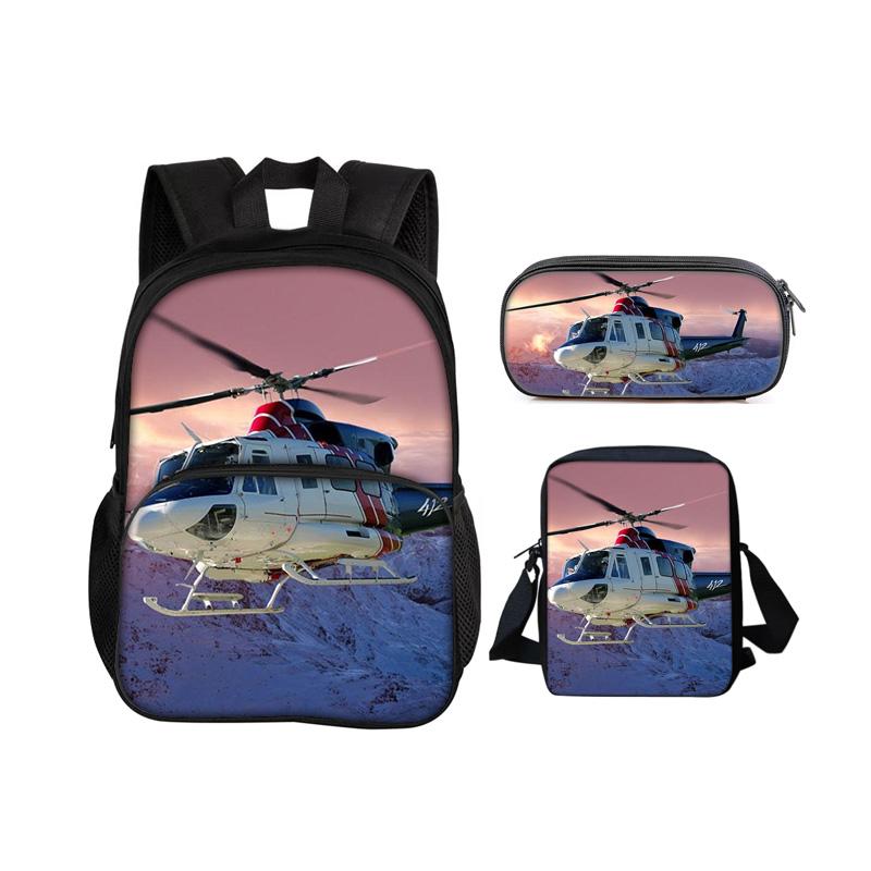 Helicopter Round Front Bag Backpack Pencil Case Shoulder Bag 3Pcs Set Mechanical Printing Best Gift for Boys and Girls In School
