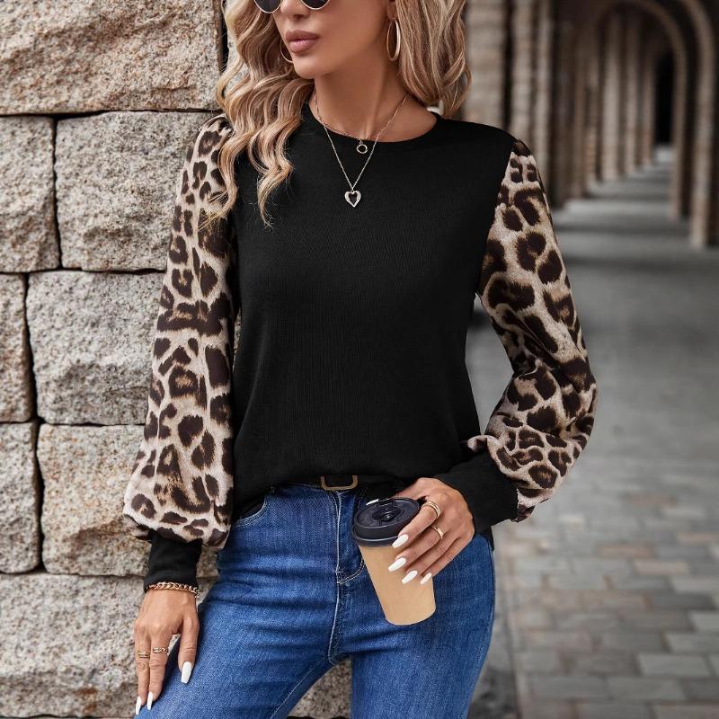 Women Long Sleeve Round Neck Leopard Print Casual T Shirt