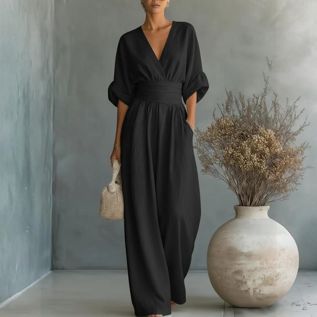 Tuta Elegante da Donna a Gamba Larga con Scollo a V e Cintura