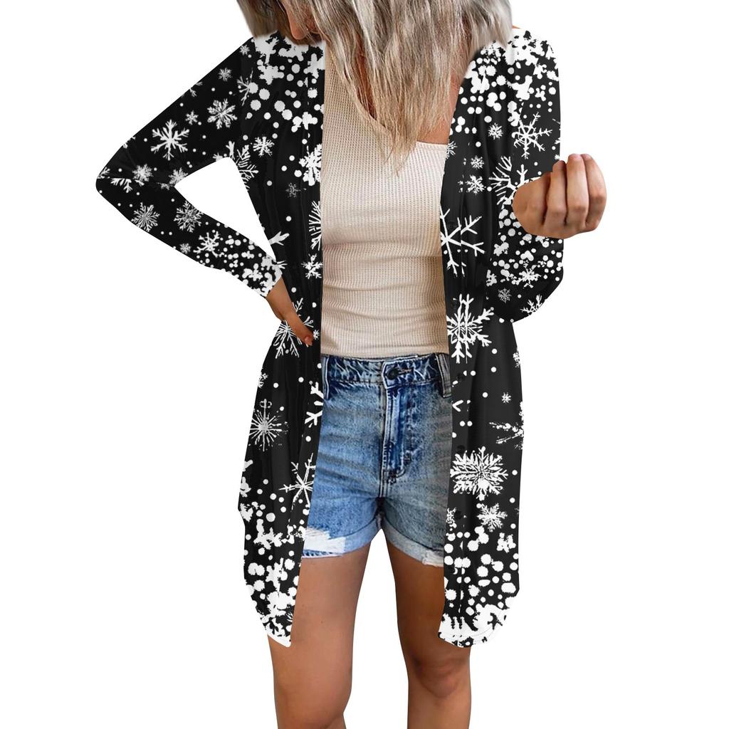 Langermet dametopp i retro-trykk, lett, enkel, løs jakke, cardigan, casual skjorter, jul