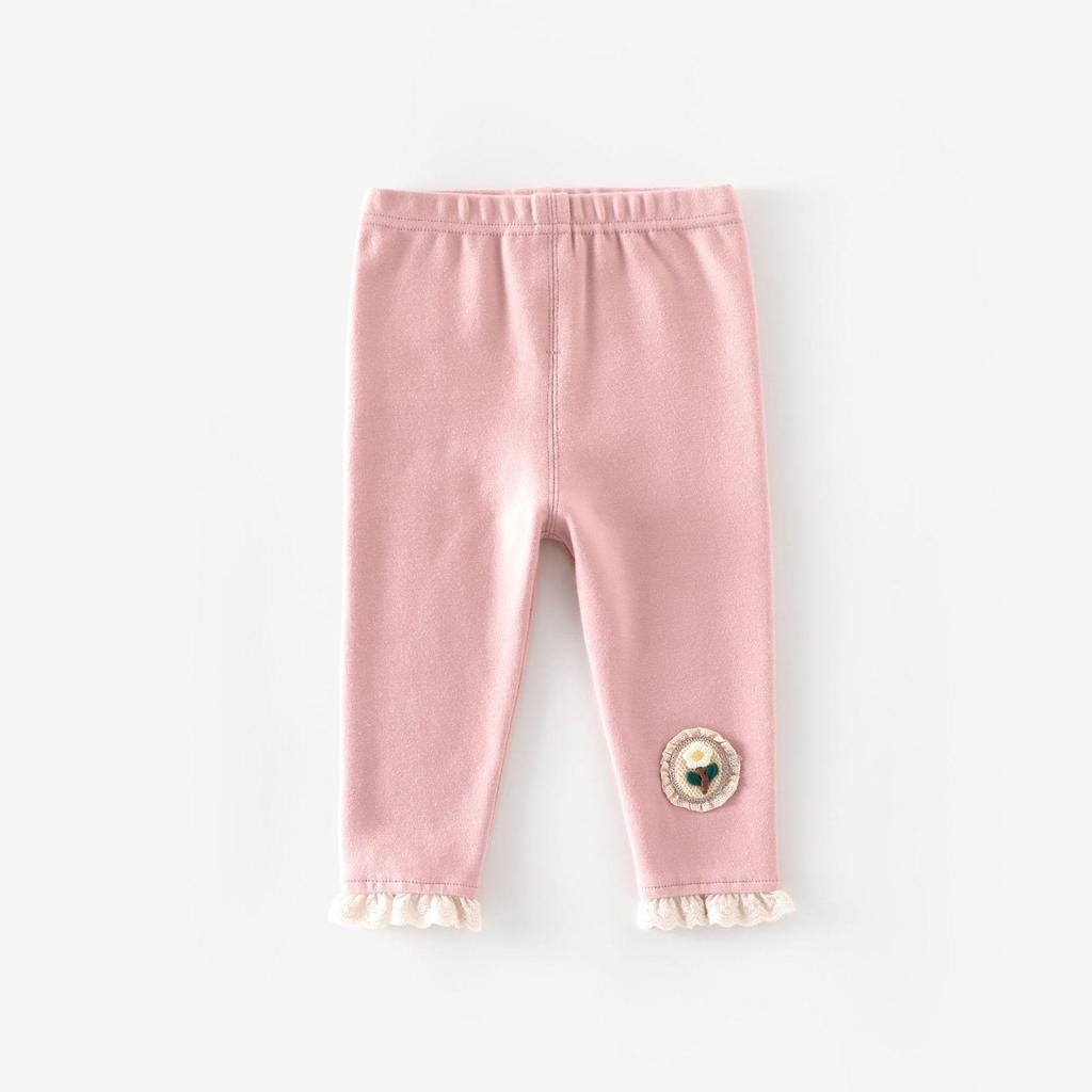 Autumn 2025 Girls' Leggings: Flower Applique, Lace Trim, Solid Color for Babies and Children