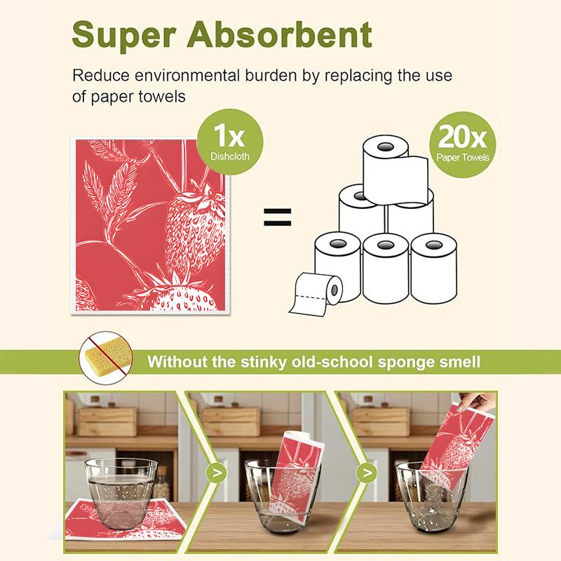 Cleaning Cloth Reusable Kitchen Dish Towels Eco-friendly Microfiber Red Strawberry Print Dishcloths Lint Free Washable Duster Rags Tea Towels 9*7inch