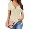 Women's V-neck Front Twisted Shirt Short Sleeved Elegant Casual T-shirt Solid Color Pullover Top Shirt