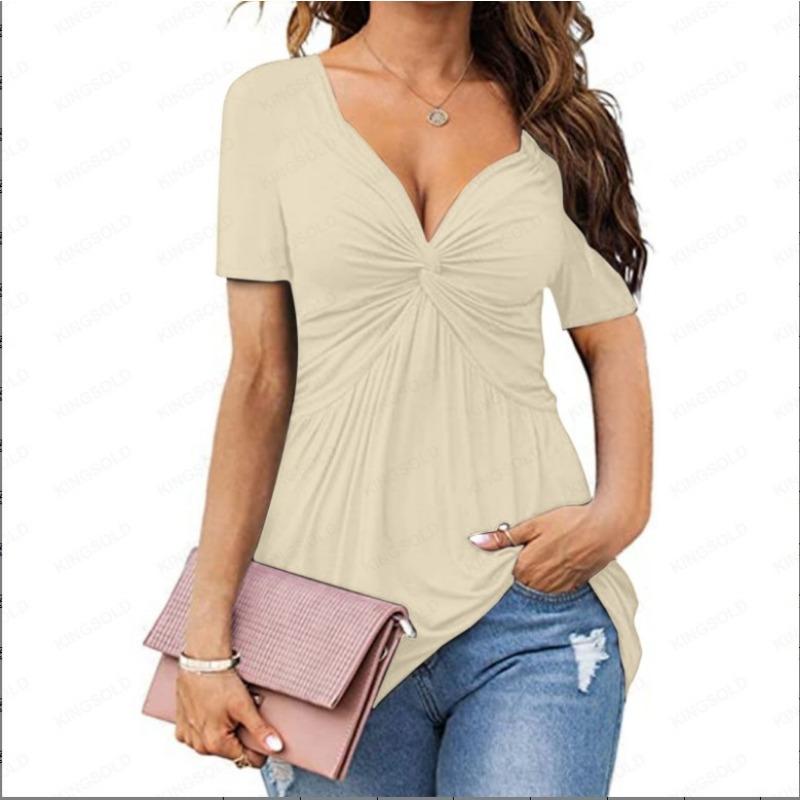 Women's V-neck Front Twisted Shirt Short Sleeved Elegant Casual T-shirt Solid Color Pullover Top Shirt