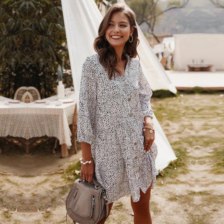 Women Casual Summer Mini Dress V-neck Single Breasted Print Above Knee Three Quarter Sleeve Sizes S-XL Black White Burgundy