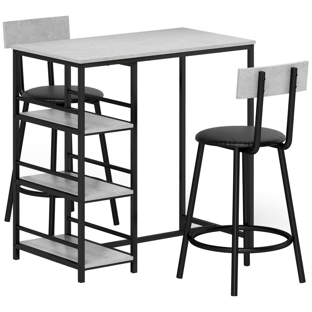 3-Piece Dining Set with Bar Table and 2 Chairs, Small Kitchen Set with Side Shelves, MDF, Metal, Black